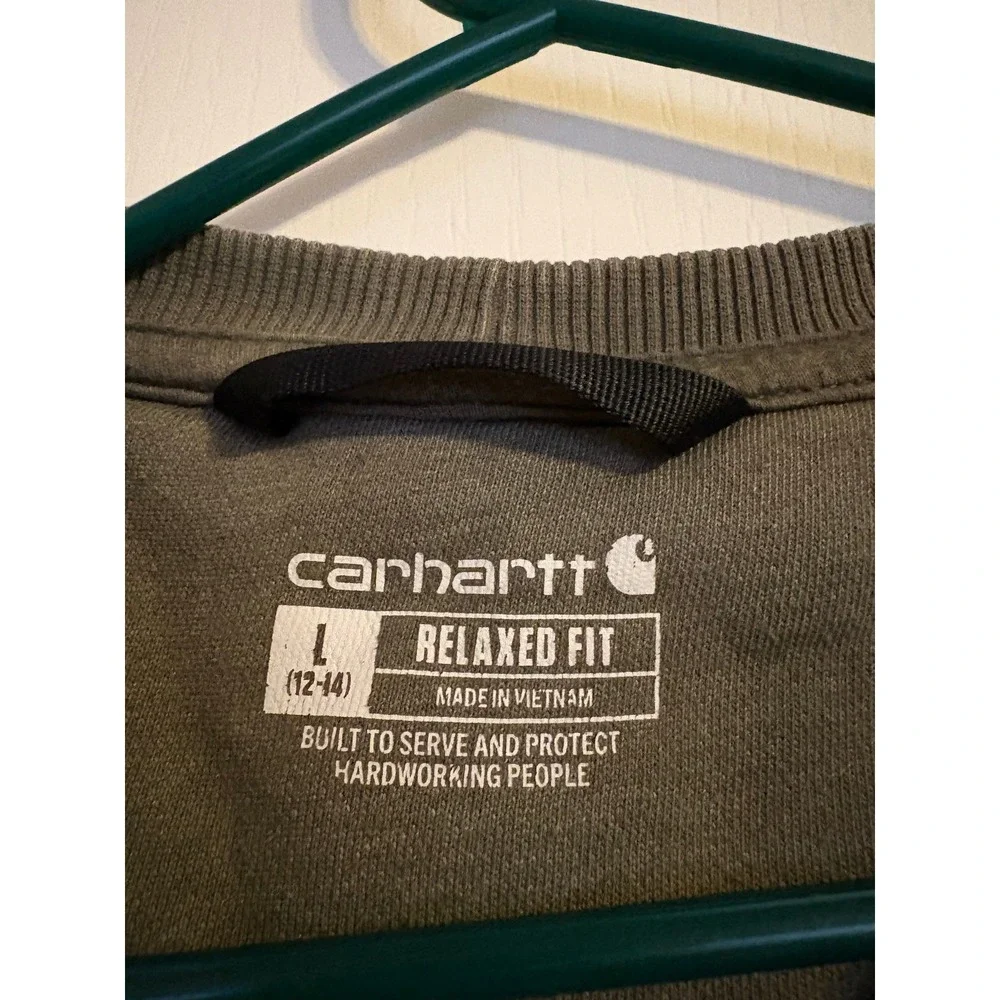 Carhartt Womens Relaxed Fit Crewneck Sweatshirt Olive Green Sleeve Logo L 104410